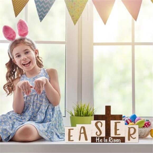 Easter Resurrection Decorations Religious He is Risen Sign Easter Wooden Table - Picture 2 of 6